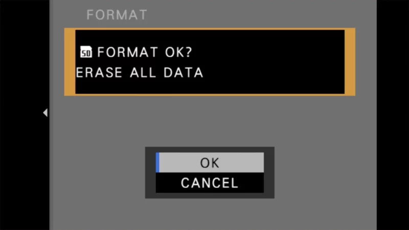 Fujifilm X100VI format confirmation screen with OK highlighted to erase the SD card