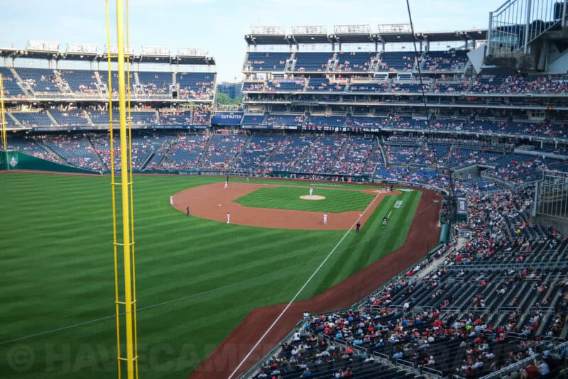 Elevated wide shot of Nationals Park infield and packed stands with teleconverter off