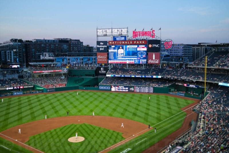 Wide view of Nationals Park scoreboard and infield at dusk with teleconverter off, uncropped 35mm shot