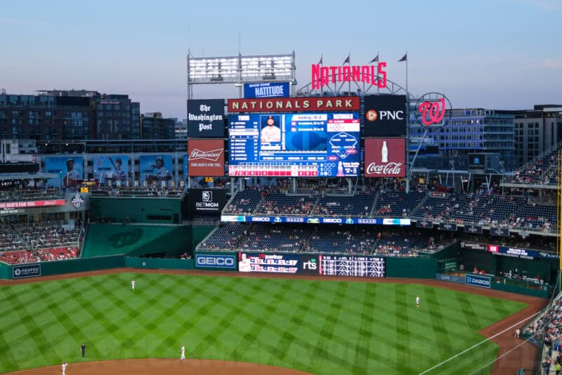 Nationals Park scoreboard and outfield framed tighter at simulated 50mm using the digital teleconverter