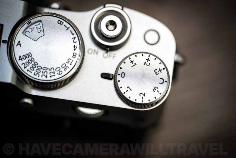 Top dial of the Fujifilm X100VI showing the shutter speed dial and exposure compensation dial