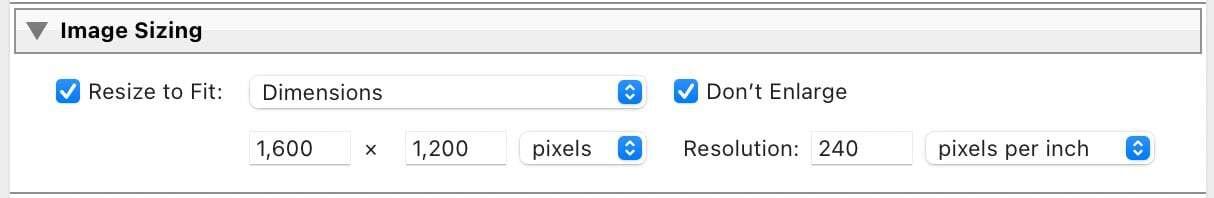 Screen shot 2010-10-22 at 8.02.44 PM Screenshot of Lightroom Classic Export Panel for Image Sizing set to Dimensions