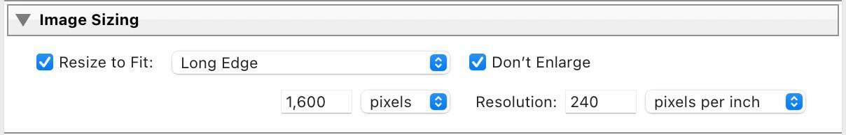 Screenshot of Image Sizing panel for Lightroom Classic export using Long Edge
