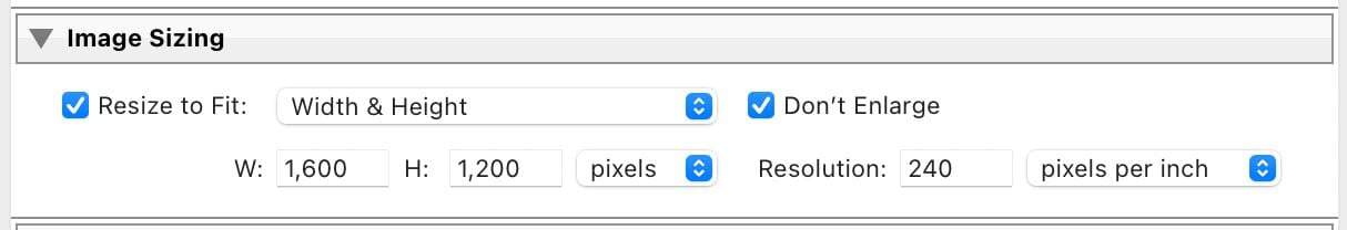 Screenshot of Lightroom Classic Export Image Sizing Panel for Width & Height
