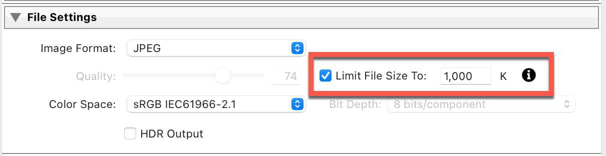 Screenshot of Lightroom Classic Limit File Size Limit