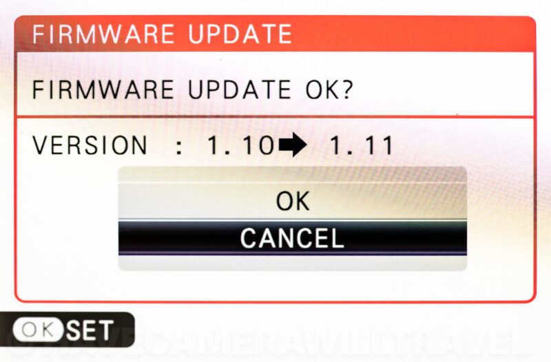 X100VI screen confirming firmware update from version 1.10 to 1.11 with OK and Cancel options