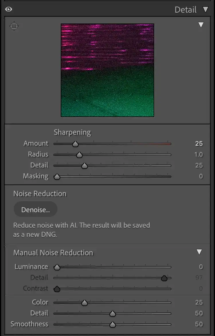Lightroom Classic Detail panel showing the Denoise button and Manual Noise Reduction sliders