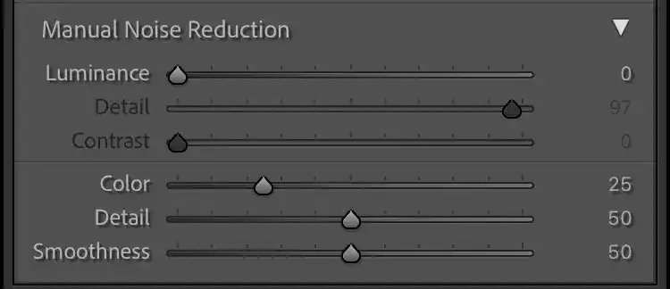 Lightroom Classic Detail panel showing the Denoise button and Manual Noise Reduction sliders