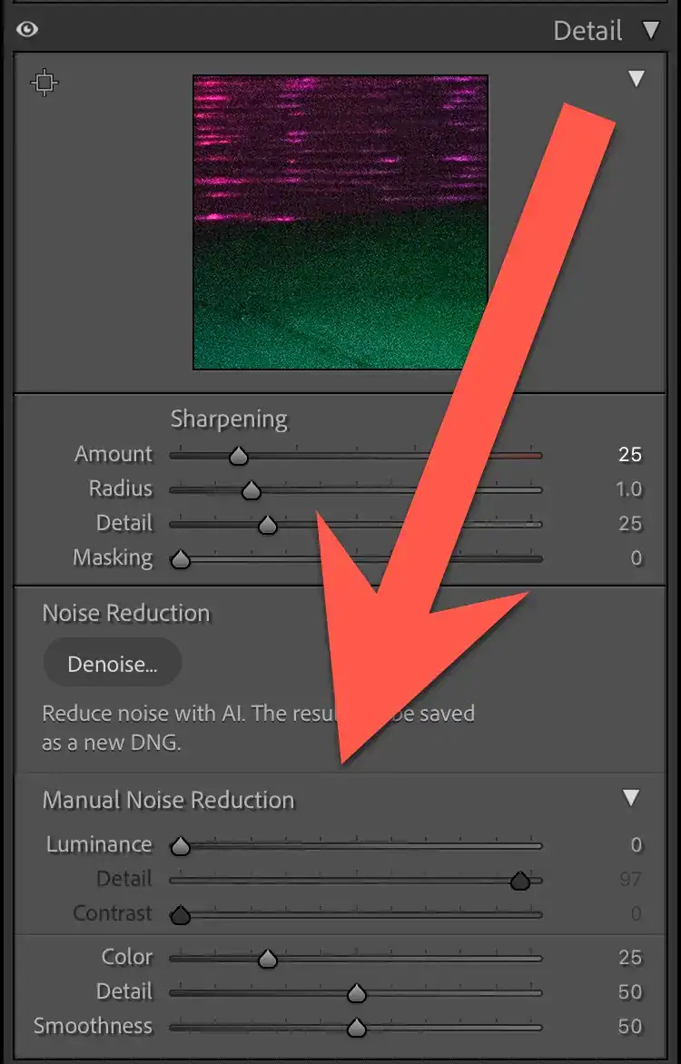 Lightroom Classic Detail panel showing the Denoise button and Manual Noise Reduction sliders