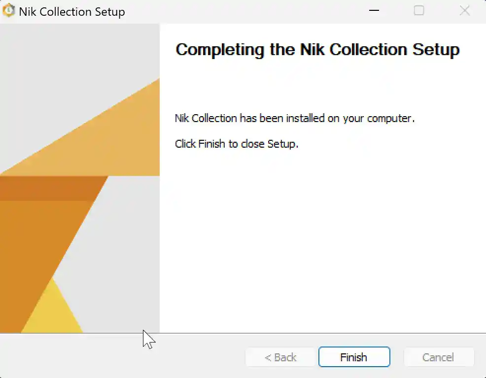 Nik Collection setup wizard showing installation complete, with Finish button ready to click