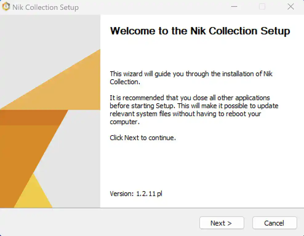 Nik Collection setup wizard welcome screen listing version 1.2.11 pl before installation begins