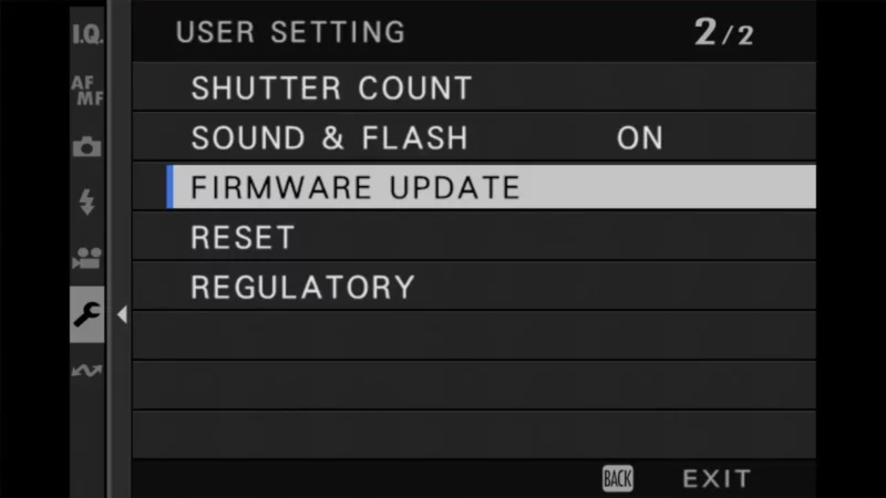 X100VI User Setting menu page 2 with Firmware Update option highlighted in the list