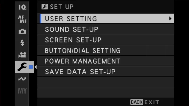 Fujifilm X100VI setup menu with User Setting highlighted among the camera's set-up options