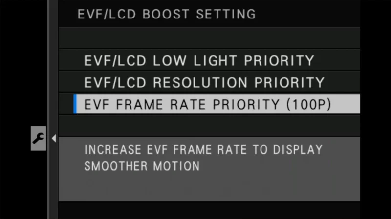 Fujifilm X100VI EVF/LCD Boost Setting menu with EVF Frame Rate Priority 100P option selected