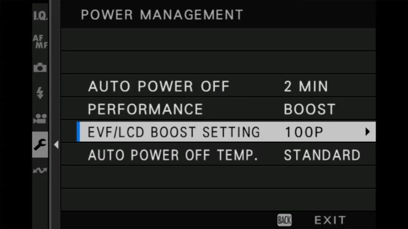 Fujifilm X100VI Power Management menu with Performance set to Boost and EVF/LCD Boost Setting highlighted
