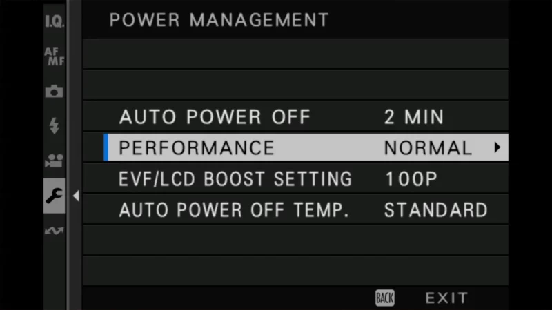 Fujifilm X100VI Power Management menu showing Performance setting currently set to Normal