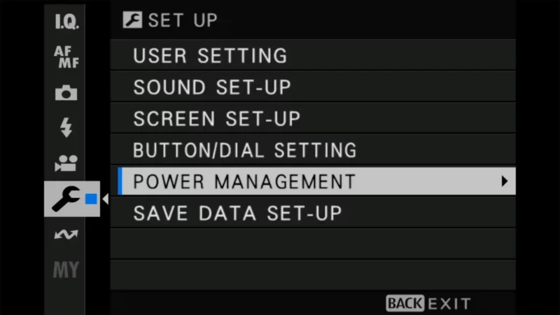 Fujifilm X100VI setup menu with Power Management option highlighted for enabling Boost mode