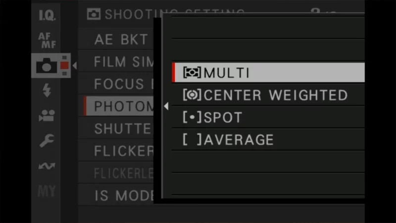 Fujifilm X100VI Photometry submenu listing Multi, Center Weighted, Spot, and Average metering modes
