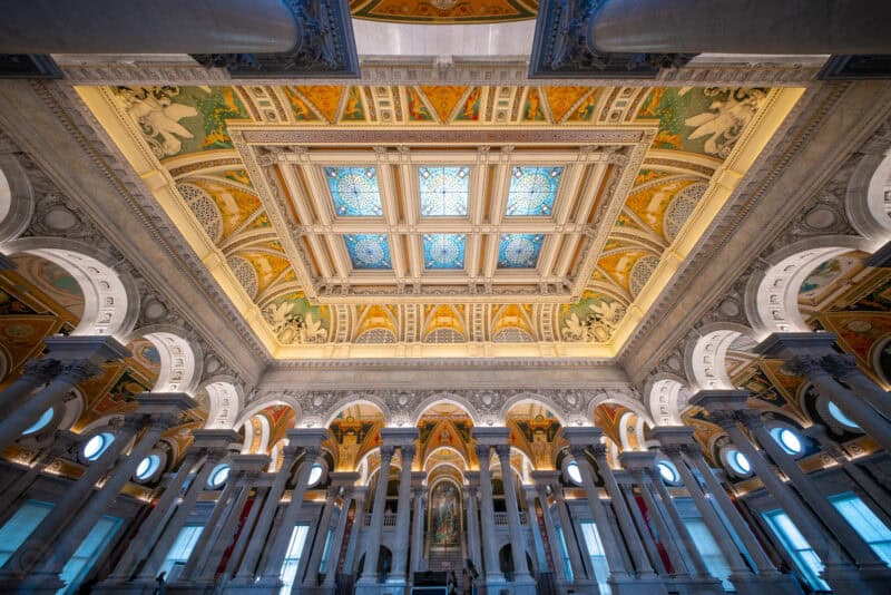 Sample image shot with a Laowa 10mm f2.8 ultra-wide-angle lens on a Nikon Z8. Ultra-wide-angle view inside the Jefferson Building of Library of Congress