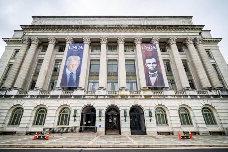 Department of Agriculture Building with Trump and Lincoln Banners on National Mall in Washington DC. Photo by David Coleman - havecamerawilltravel.com