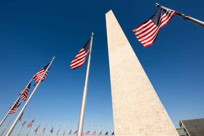 Washington Monument towering above rows of American flags against a clear blue sky