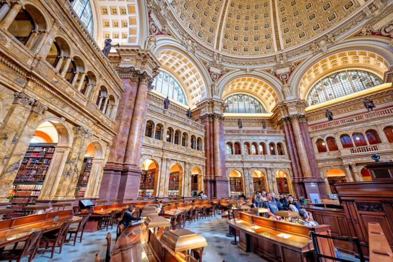 Library of Congress Main Reading Room with ornate gilded dome and marble columns