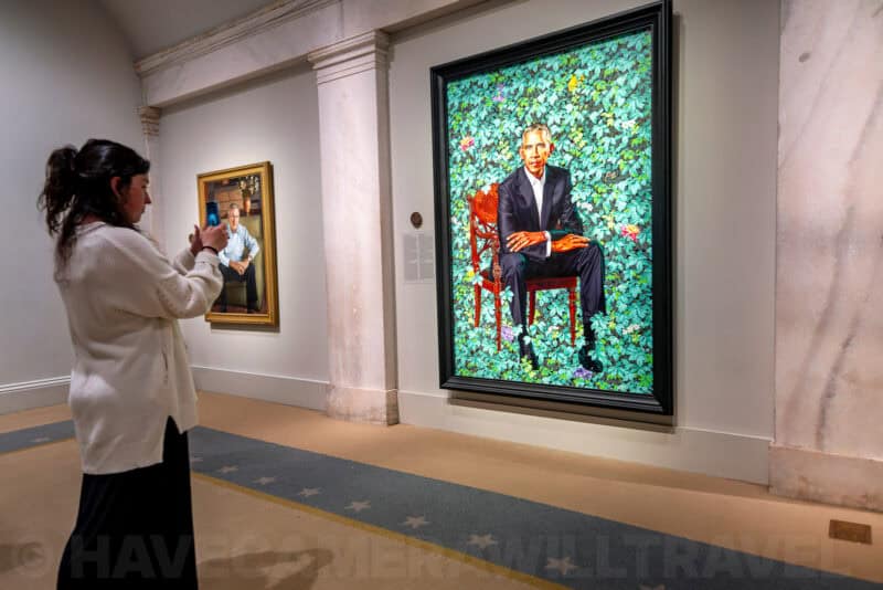 Barack Obama Portrait by Kehinde Wiley in National Portrait Gallery in Washington DC. Photo by David Coleman - havecamerawilltravel.com