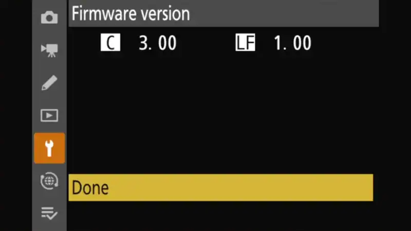 Nikon Z8 firmware version screen showing C 3.00 and LF 1.00 with Done highlighted