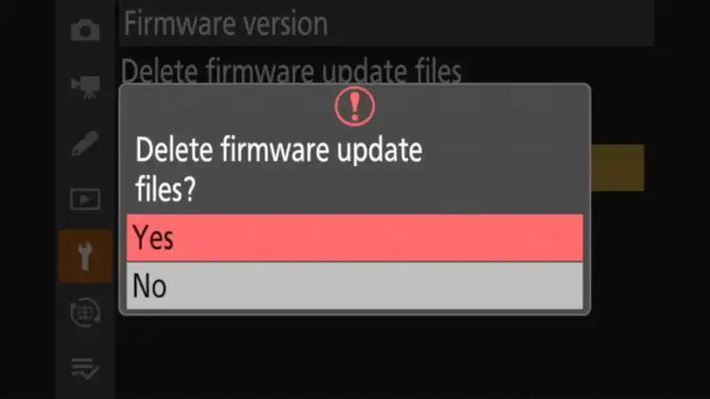 Nikon Z8 confirmation dialog asking to delete firmware update files with Yes highlighted