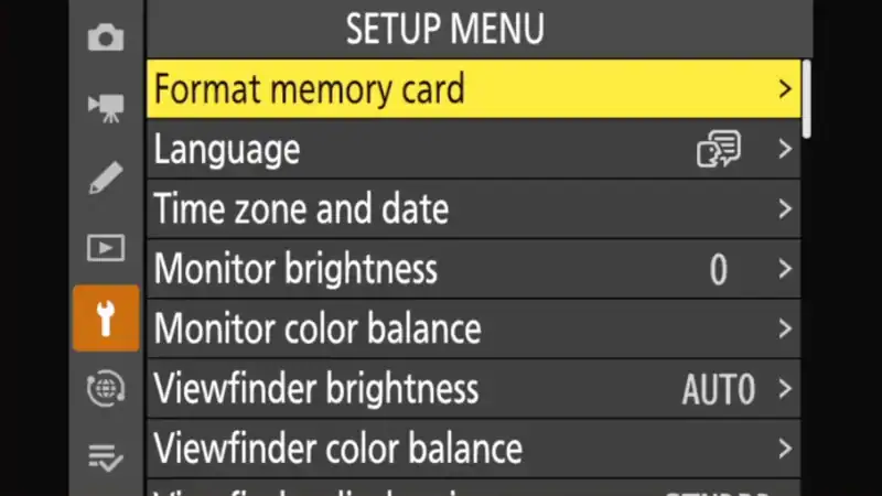 Nikon Z8 Format Memory Card Menu System Screenshot