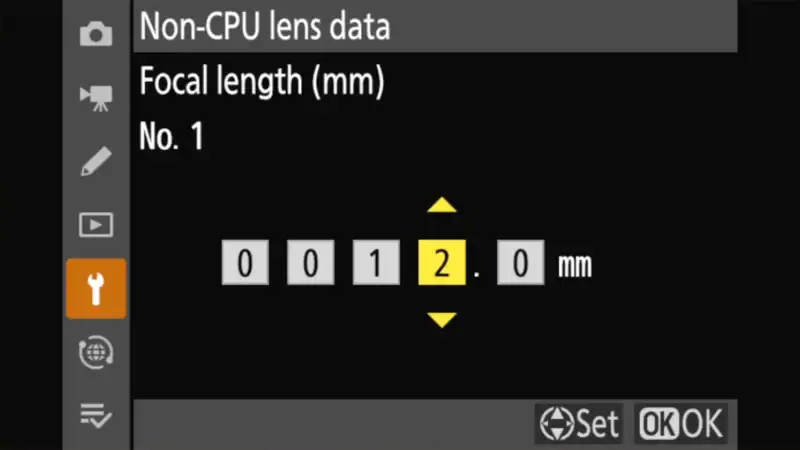 Nikon focal length entry screen with dial set to 12mm for non-CPU lens data slot 1