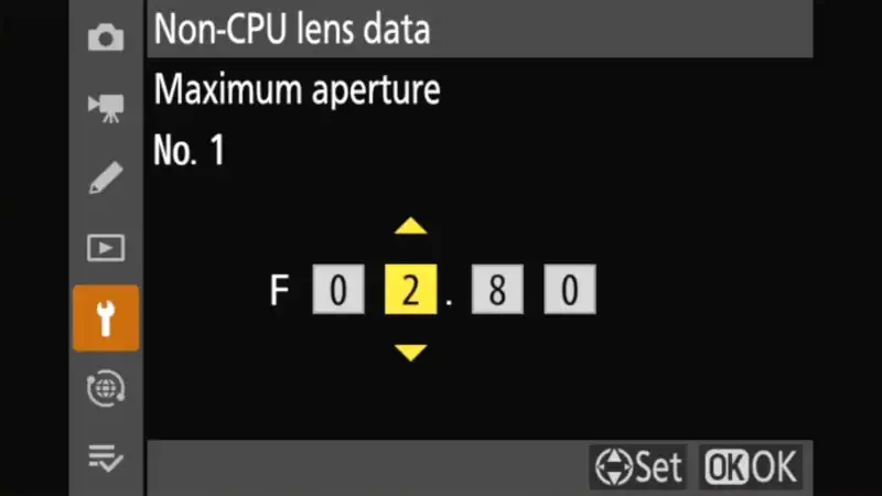 Nikon maximum aperture entry screen with dial set to F2.8 for non-CPU lens data slot 1