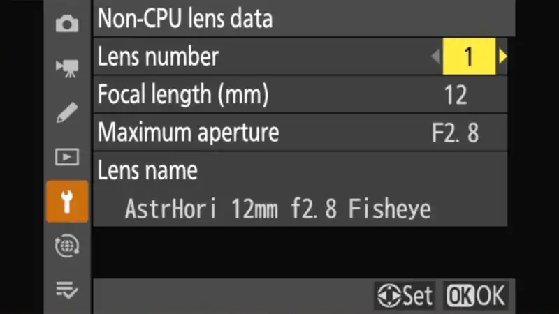 Non-CPU lens data screen showing lens number 1 set to a 12mm f2.8 AstrHori Fisheye