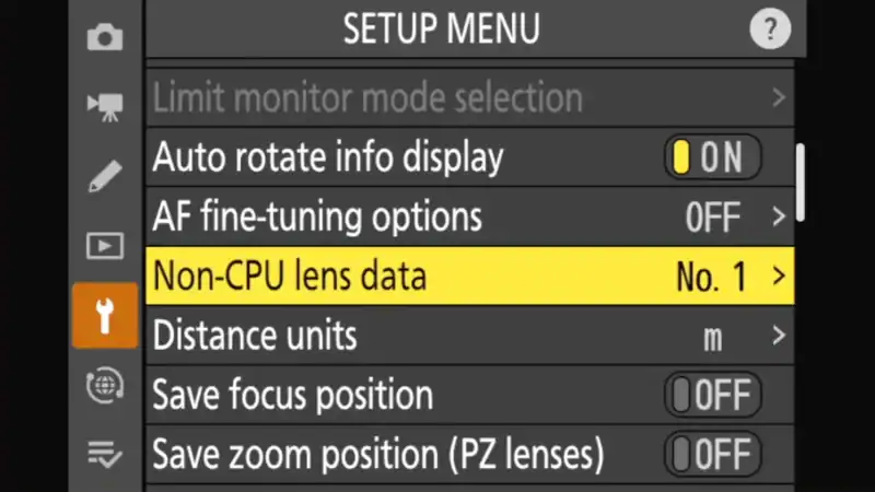 Nikon setup menu with Non-CPU lens data option highlighted in yellow, set to slot No. 1