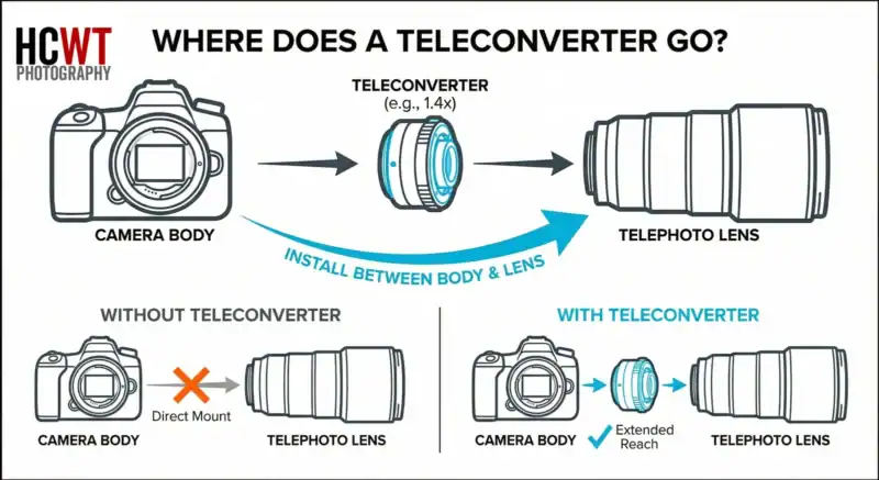Diagram showing a teleconverter installed between camera body and telephoto lens for extended reach
