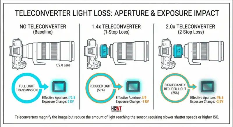 Diagram comparing effective aperture and exposure loss with no teleconverter versus 1.4x and 2x teleconverters