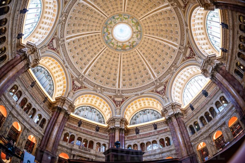 Fisheye view up into the ornate domed ceiling above the Library of Congress reading room