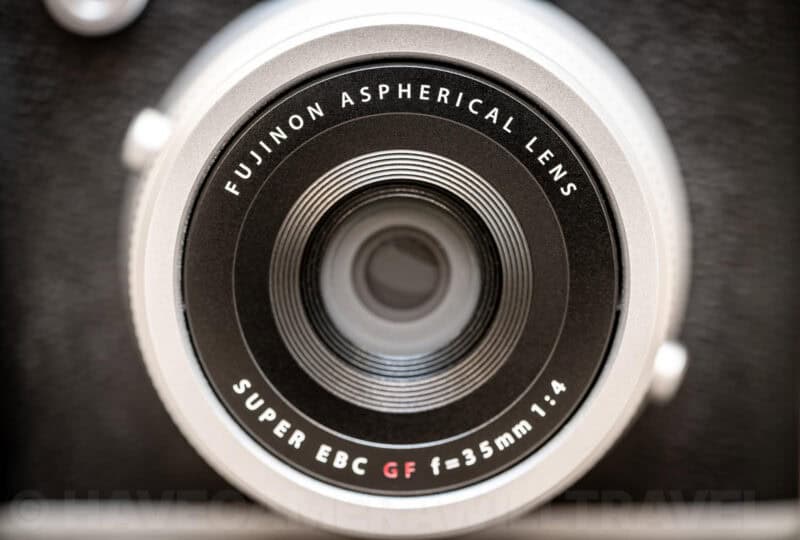 Close-up of the Fujinon Aspherical GF 35mm f/4 lens on the Fujifilm GFX100RF
