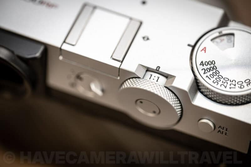 Close-up of the aspect ratio dial on the back of the Fujifilm GFX100RF set to 1:1