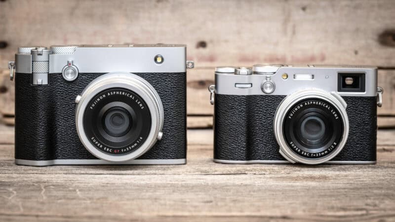 Fujifilm GFX100RF and Fujifilm X100VI cameras side by side showing their size difference