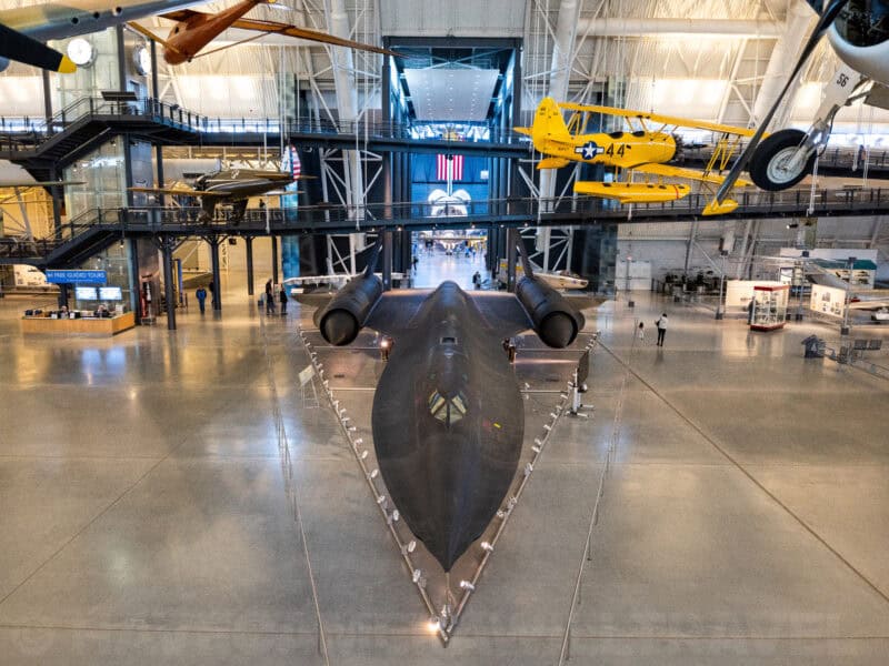 SR-71 Blackbird spy plane displayed nose-on inside the Udvar-Hazy museum hangar