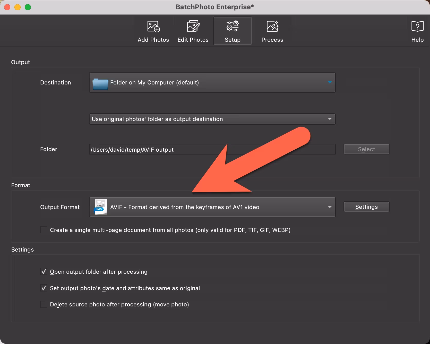 BatchPhoto AVIF output format selected