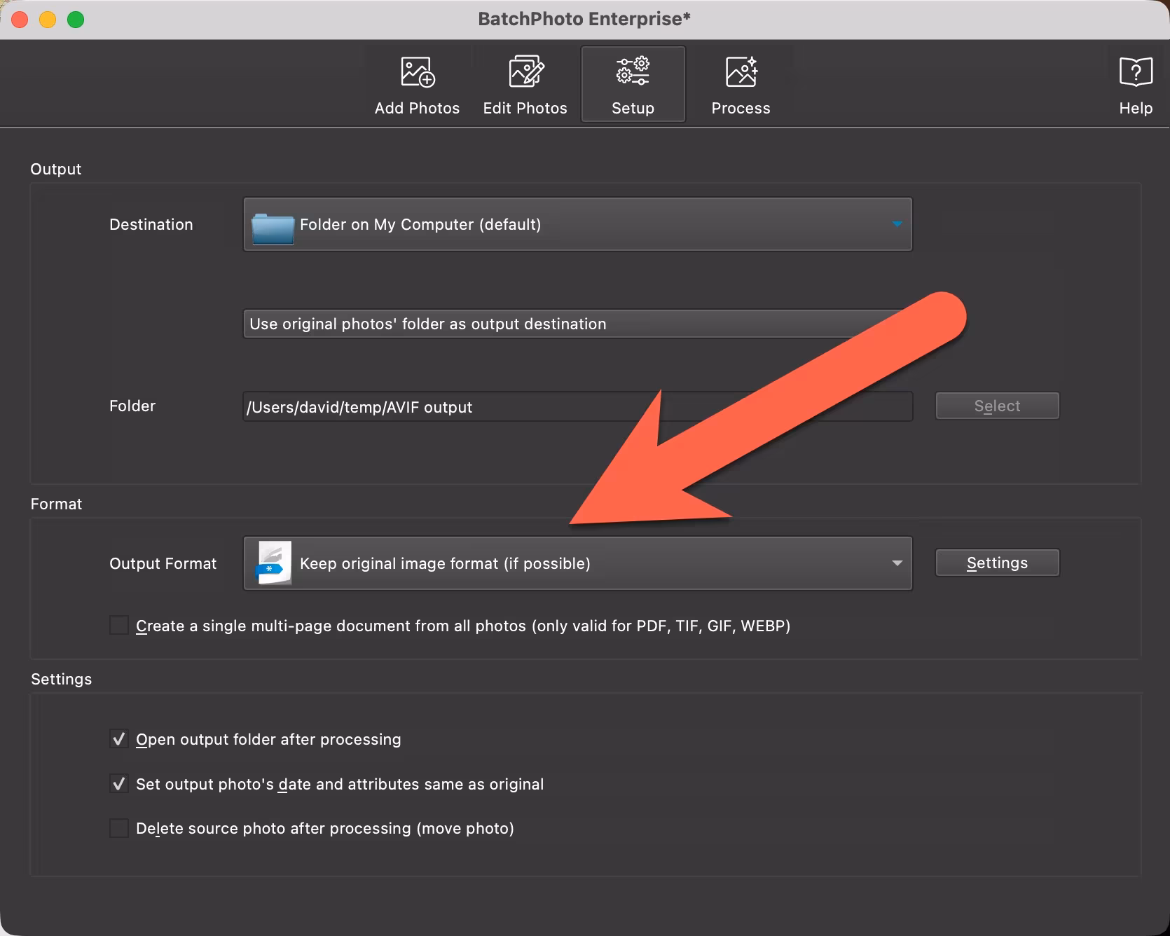 BatchPhoto output format selector