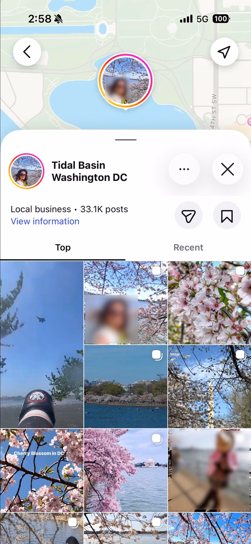 Instagram Map location panel with place name, post count, and Top and Recent photo grids