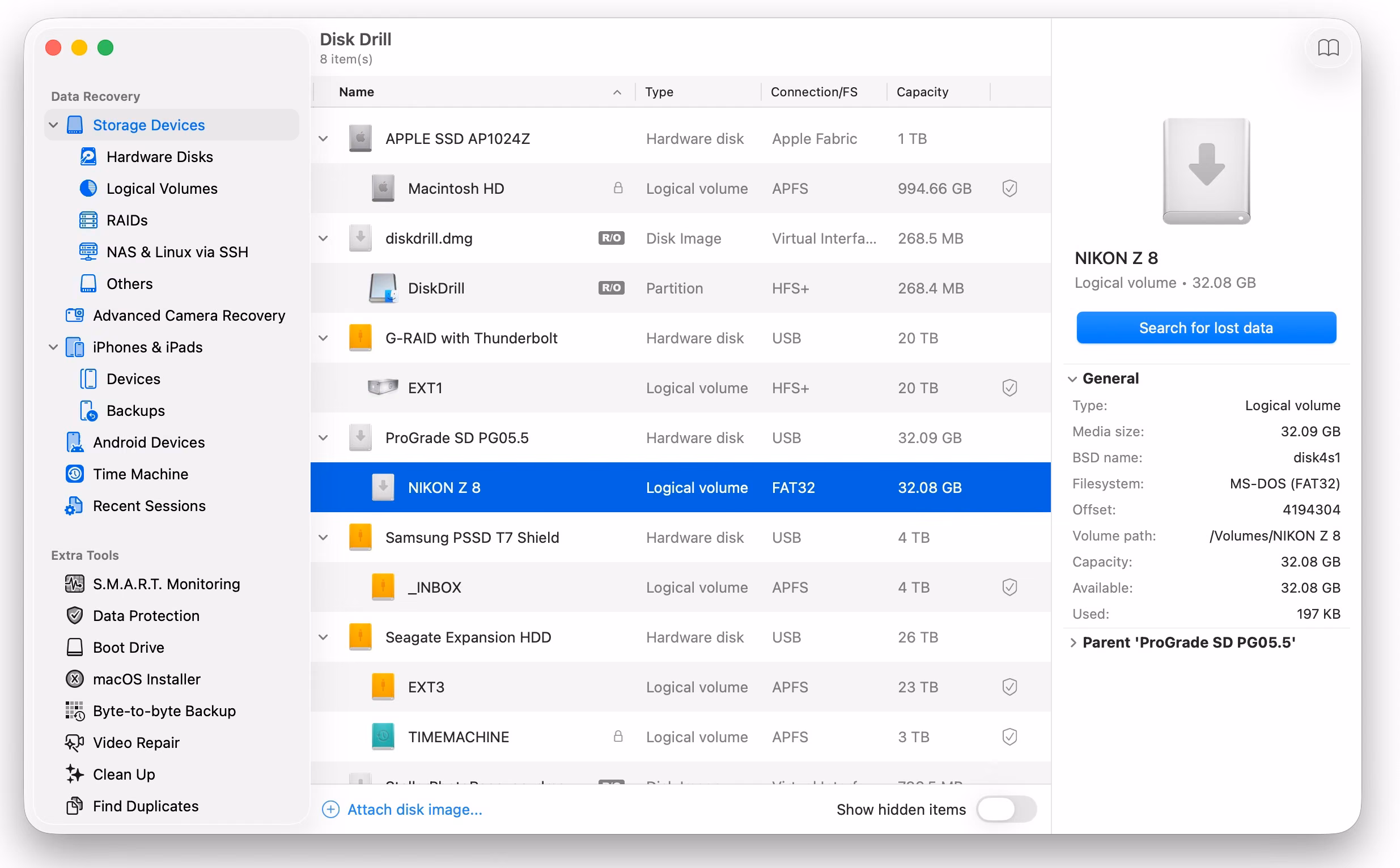 Disk Drill's storage device list with the SD card's logical volume selected