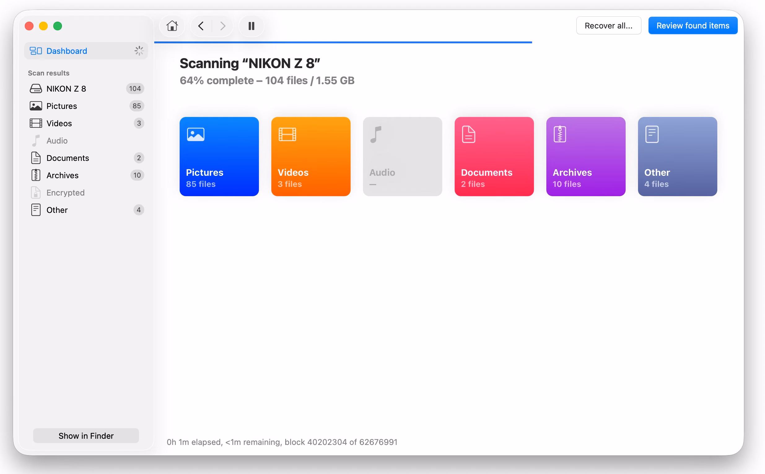 Disk Drill scanning a formatted SD card with results grouped by file type