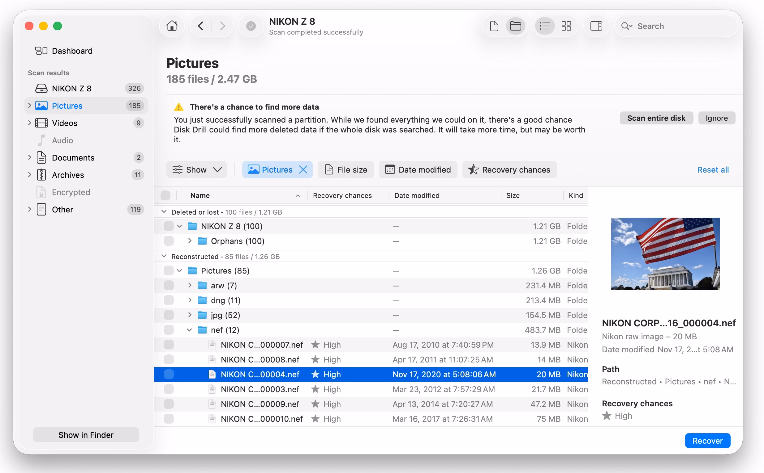 Disk Drill rendering a preview of a recovered NEF RAW file with a high recovery-chance rating