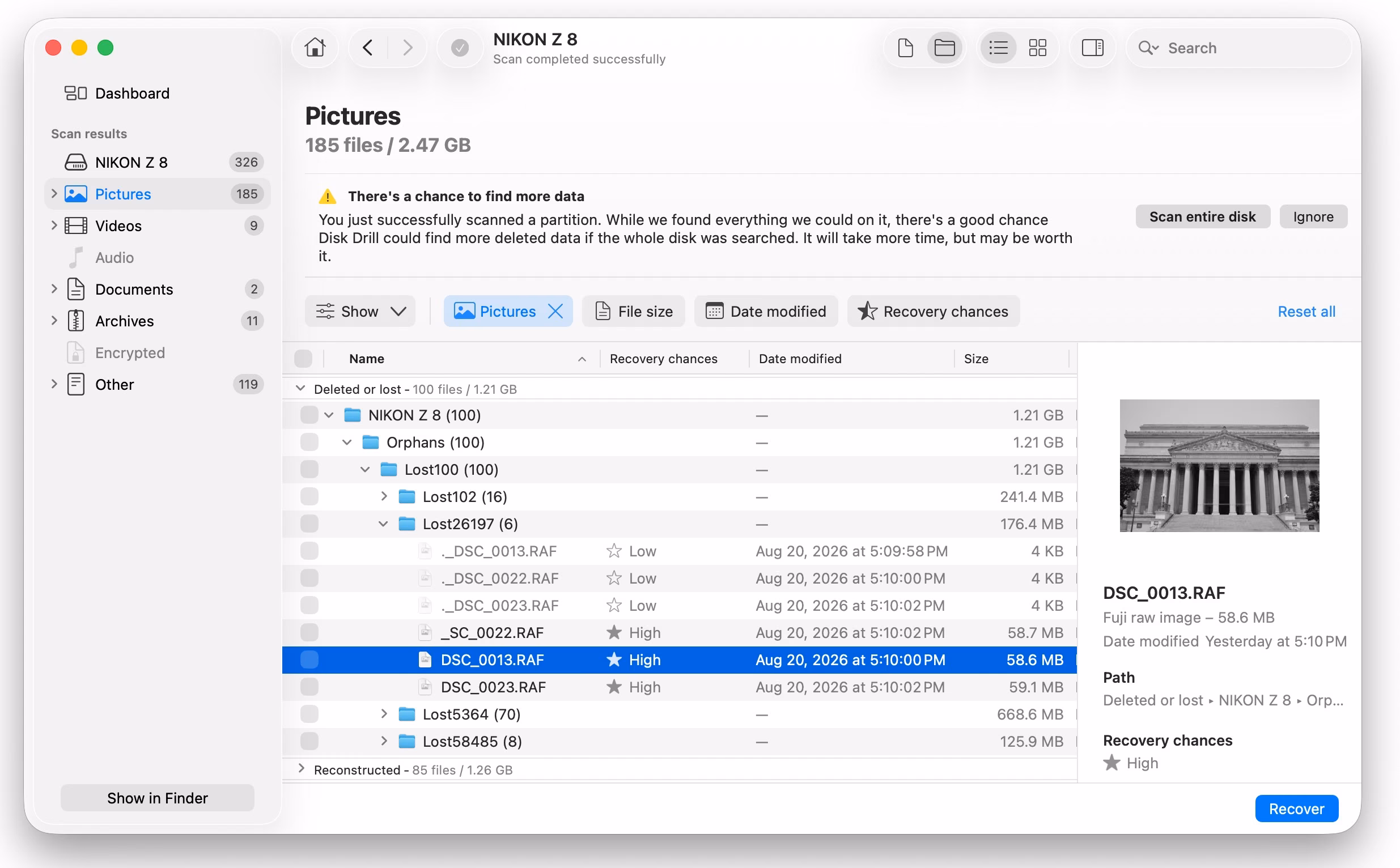 Disk Drill previewing a recovered Fujifilm RAF file from a formatted SD card