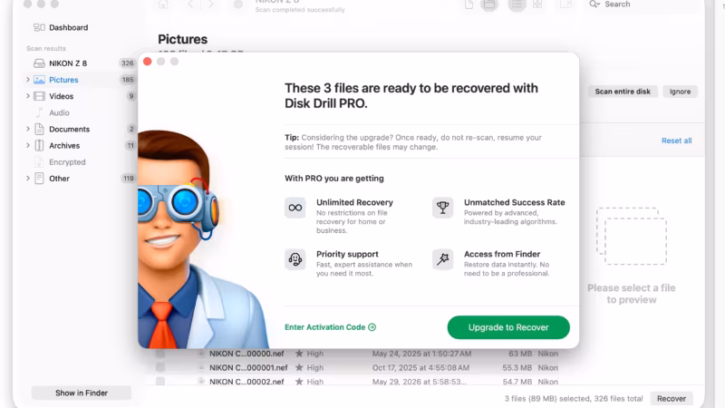 Disk Drill's upgrade prompt when recovering with the free version