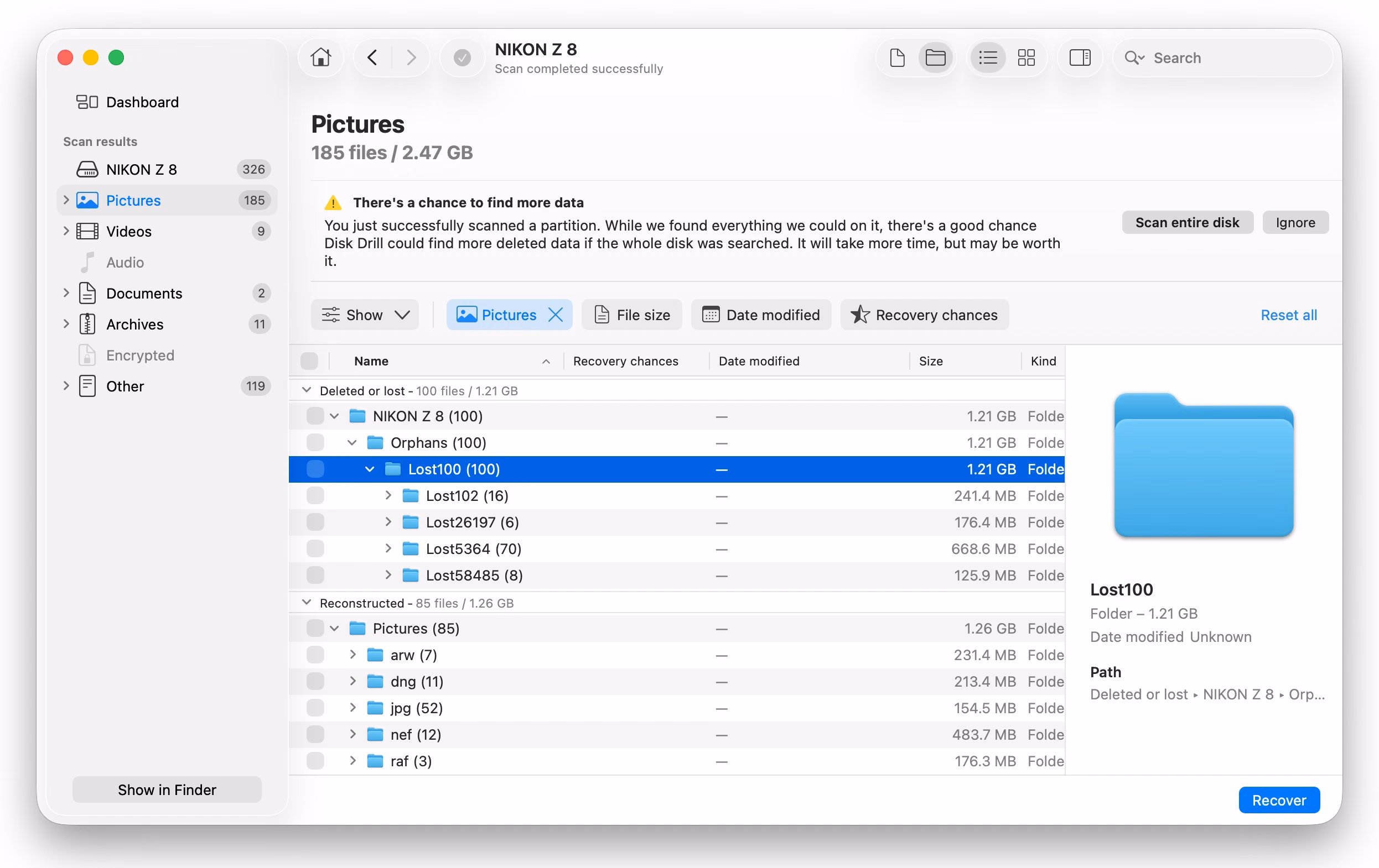 Disk Drill Pro scan results showing deleted, orphaned, and reconstructed files on a formatted SD card